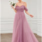 A-Line Prom Dresses Elegant Dress Wedding Guest Floor Length Sleeveless V Neck Tulle