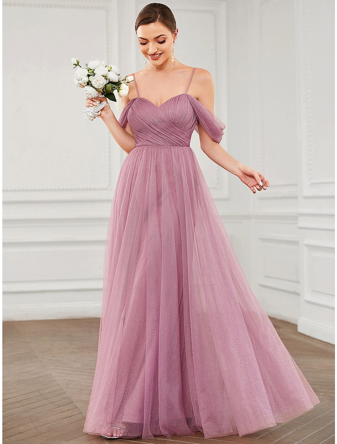 A-Line Prom Dresses Elegant Dress Wedding Guest Floor Length Sleeveless V Neck Tulle