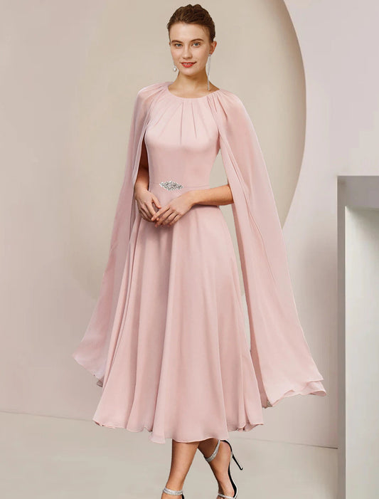 A-Line Mother of the Bride Dress Wedding Guest Party Elegant Scoop Neck Tea Length Chiffon Sleeveless with Pleats Crystal