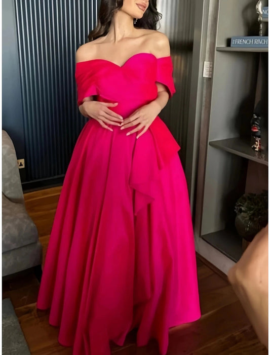 A-Line Evening Gown Elegant Dress Formal Floor Length Christmas Red Green Dress Short Sleeve Off Shoulder Satin