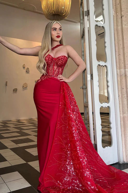 Unique One Shoulder Sweetheart Red Mermaid Formal Evening Dress Sparkly Prom Dress