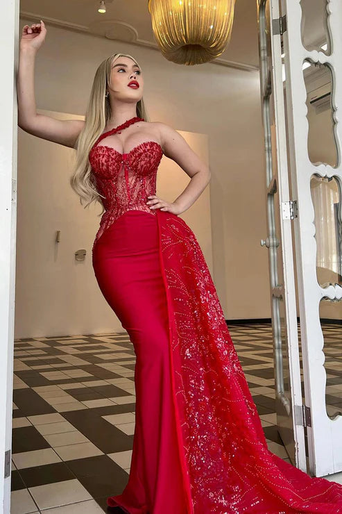 Unique One Shoulder Sweetheart Red Mermaid Formal Evening Dress Sparkly Prom Dress