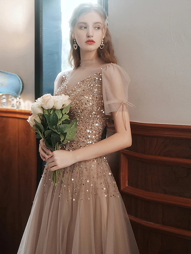 A-Line Prom Dresses Sparkle Dress Engagement Floor Length Sleeveless High Neck Tulle with Bow(s) Beading