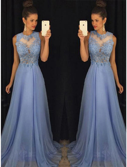 A-Line Empire Prom Formal Evening Dress Jewel Neck Sleeveless Sweep / Brush Train Chiffon with Beading