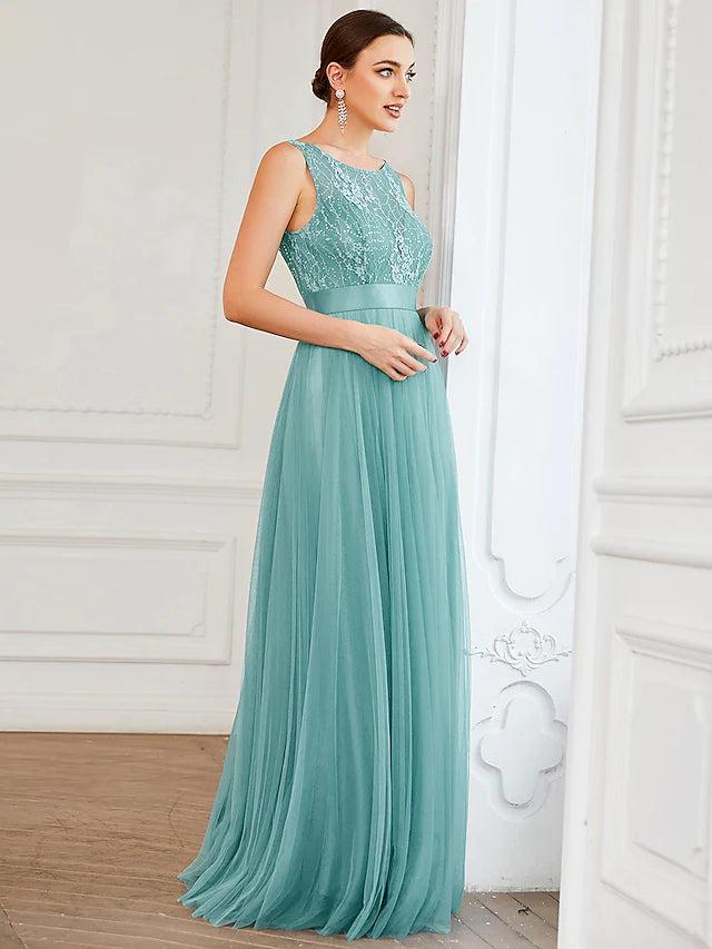 A-Line Prom Dresses Elegant Dress Wedding Guest Floor Length Sleeveless Jewel Neck Tulle with Sequin