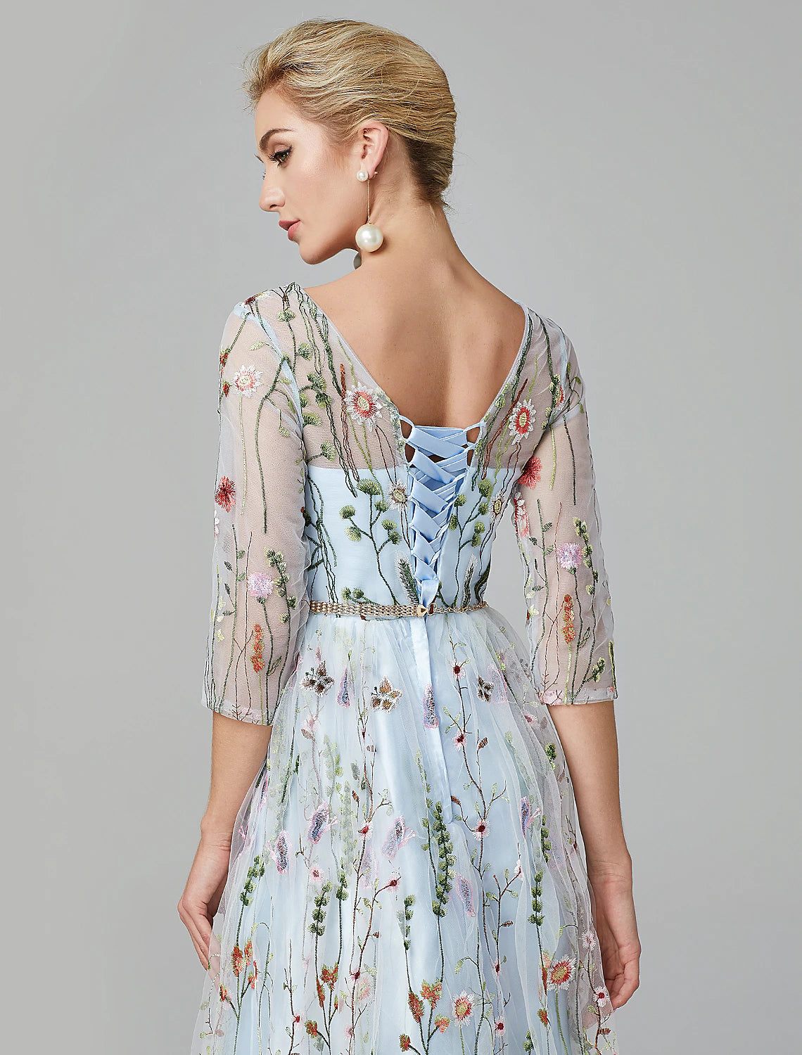 A-Line Evening Gown Party Dress Floral Dress Holiday Wedding Guest Floor Length 3/4 Length Sleeve Illusion Neck Lace