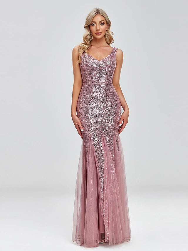 Two Piece Mermaid / Trumpet Party Dresses Sparkle & Shine Dress Prom Floor Length Sleeveless V Neck Capes Tulle V Back with Sequin