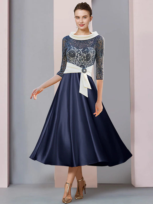 A-Line Mother of the Bride Dress Formal Wedding Guest Party Elegant Bateau Neck Tea Length Satin Lace 3/4 Length Sleeve with Crystal Brooch Ruching