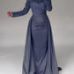 Mermaid Sequin Evening Gown Ruched Satin Dress Long Sleeves Floor Length Sparkle Illusion Neck Fall Wedding Guest Dress with Pearls