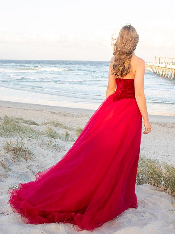 Ball Gown Sleeveless Off-the-Shoulder Applique Tulle Prom Dresses Long