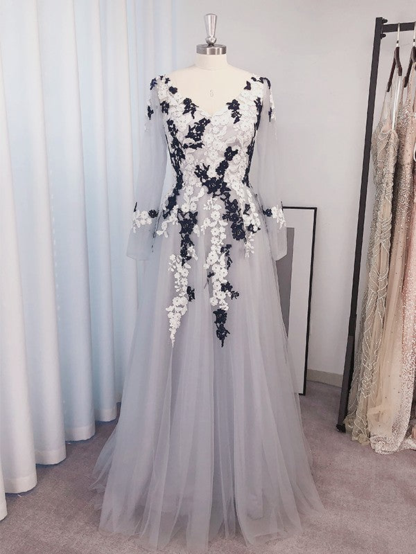 A-Line Princess Tulle Applique V-neck Long Sleeves Floor-Length Prom Dresses With Flower