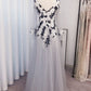 A-Line Princess Tulle Applique V-neck Long Sleeves Floor-Length Prom Dresses With Flower