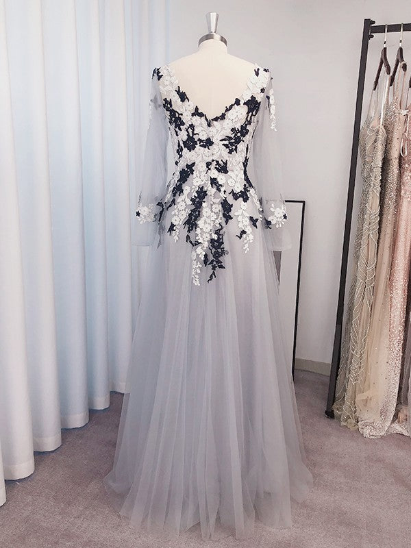 A-Line Princess Tulle Applique V-neck Long Sleeves Floor-Length Prom Dresses With Flower