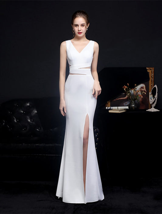 Mermaid / Trumpet Prom Dresses Elegant Dress Formal Wedding Guest Floor Length Sleeveless V Neck Polyester