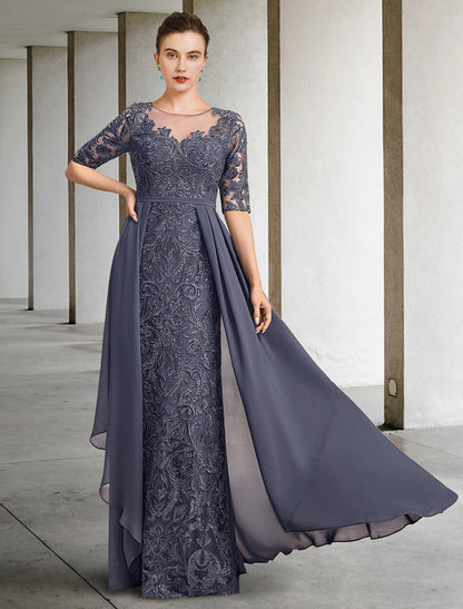 A-Line Mother of the Bride Dress Formal Wedding Guest Elegant Scoop Neck Floor Length Chiffon Lace Half Sleeve with Bow(s)