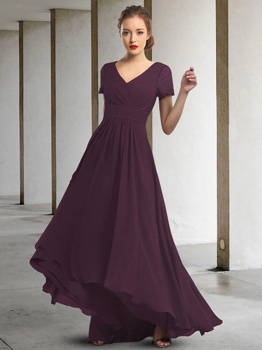 A-Line Mother of the Bride Dress Elegant High Low V Neck Asymmetrical Floor Length Chiffon Short Sleeve with Pleats