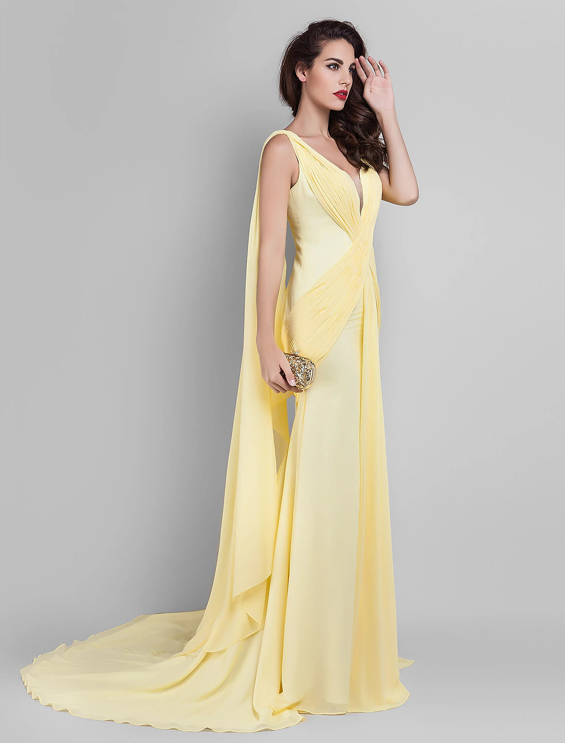 Sheath / Column Elegant Dress Wedding Guest Prom Court Train Sleeveless Plunging Neck Georgette V Back with Criss Cross Side