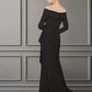 A-Line Mother of the Bride Dress Elegant Off Shoulder Sweep / Brush Train Lace Stretch Fabric Long Sleeve with Ruched