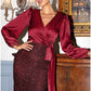 Sheath / Column Evening Gown Sparkle & Shine Dress Formal Fall Ankle Length Long Sleeve V Neck Satin with Glitter Bow(s)