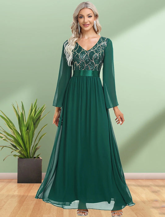 A-Line Evening Gown Elegant Dress Party Wear Floor Length Long Sleeve V Neck Chiffon