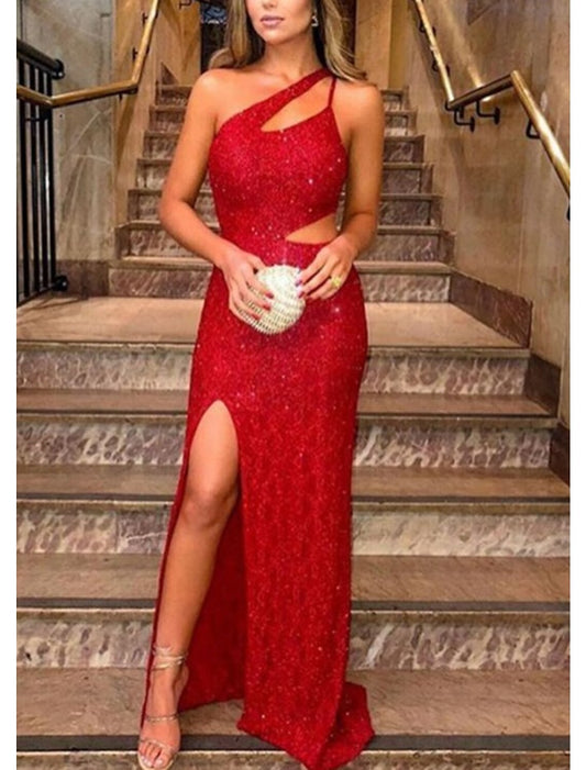 A-Line Evening Gown Elegant Dress Formal Prom Floor Length Sleeveless One Shoulder Sequined with Glitter