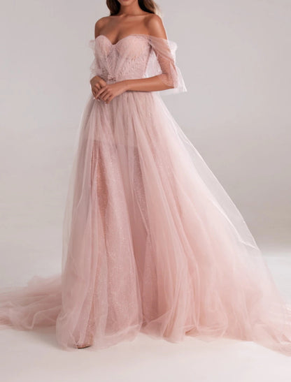 A-Line Elegant Engagement Formal Evening Dress Sweetheart Neckline Sleeveless Court Train Tulle with Bow(s)