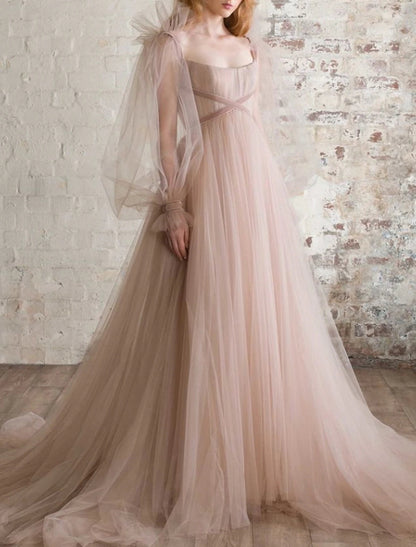 A-Line Elegant Boho Engagement Formal Evening Birthday Dress Scoop Neck Long Sleeve Sweep / Brush Train Tulle with Pleats