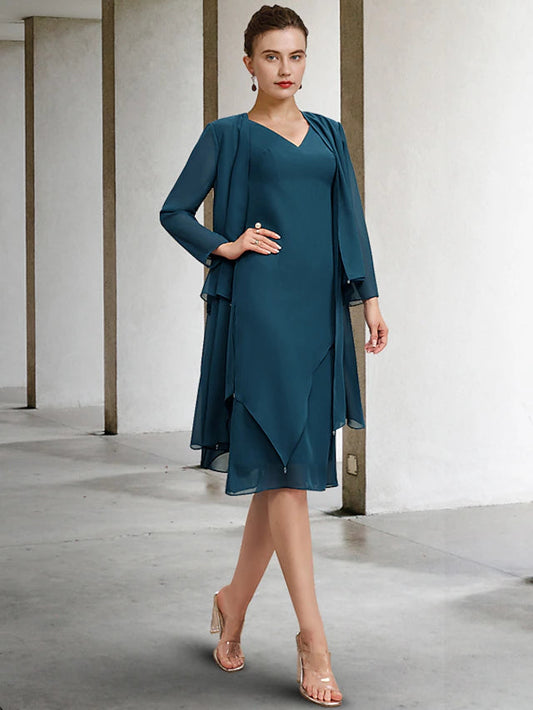 Two Piece Sheath / Column Mother of the Bride Dress Church Vintage Elegant V Neck Knee Length Chiffon Sleeveless Wrap Included Jacket Dresses with Draping