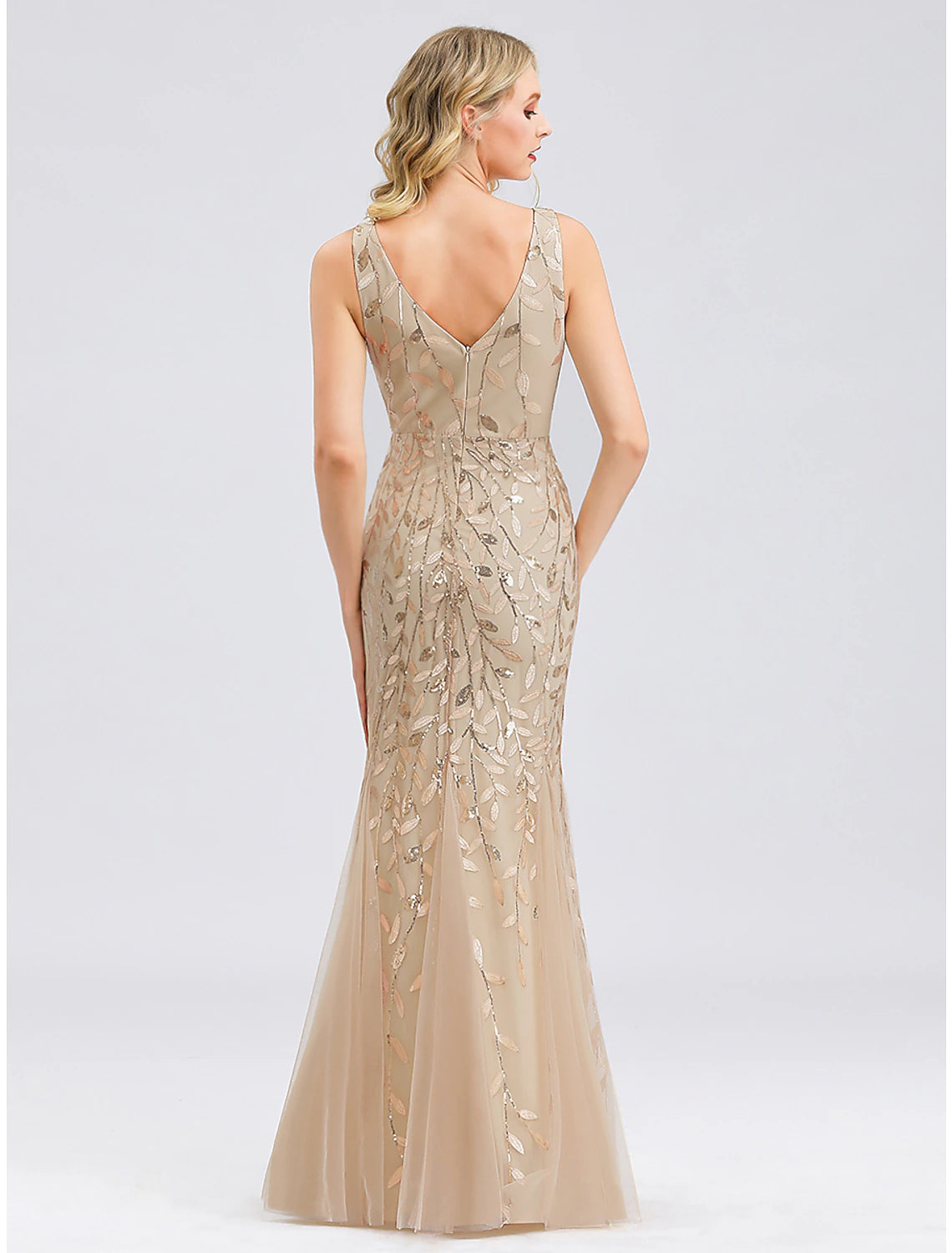 Mermaid / Trumpet Sparkle Sexy Prom Formal Evening Valentine's Day Dress V Neck V Back Sleeveless Floor Length Tulle with Sequin
