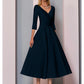 A-Line Mother of the Bride Dress Fall Wedding Guest Vintage Plus Size Elegant V Neck Tea Length Satin 3/4 Length Sleeve