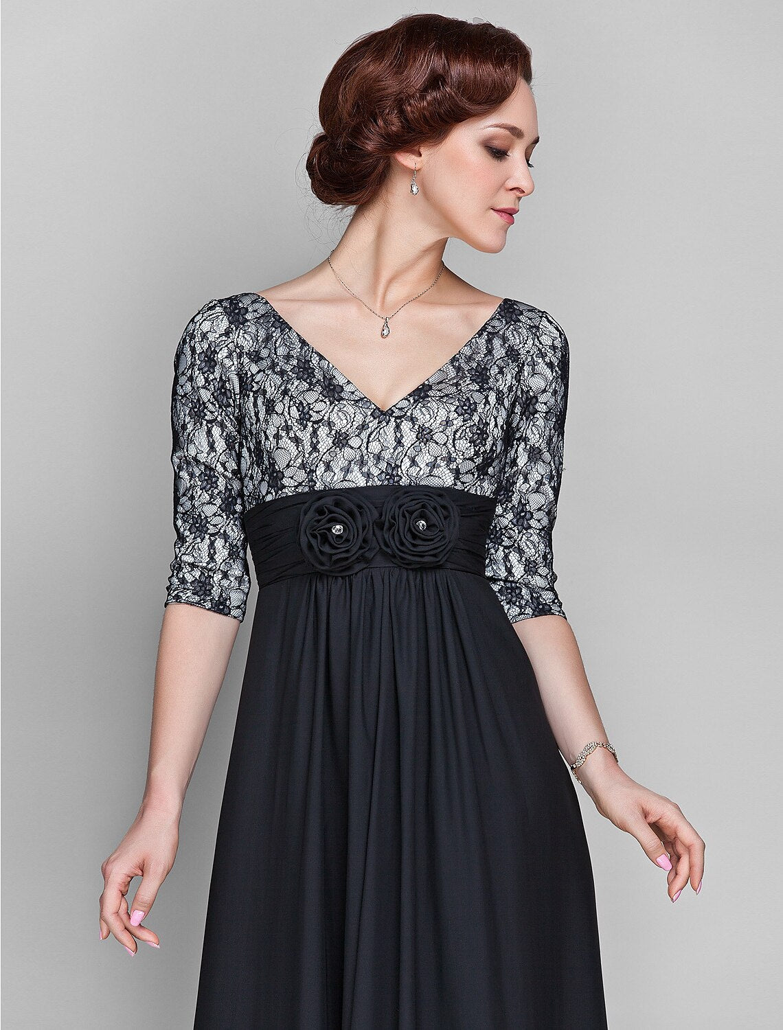 A-Line Mother of the Bride Dress Vintage Inspired V Neck Sweep / Brush Train Chiffon Lace Half Sleeve with Lace Ruched