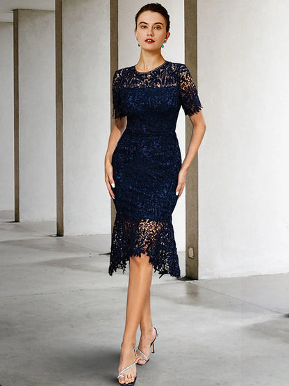 Sheath / Column Mother of the Bride Dress Simple Elegant High Low Jewel Neck Knee Length Lace Short Sleeve with Appliques