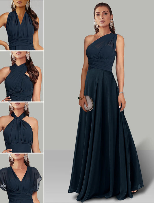 A-Line Wedding Guest Dresses Infinity Dress Wedding Party Floor Length Short Sleeve Halter Neck Convertible Chiffon