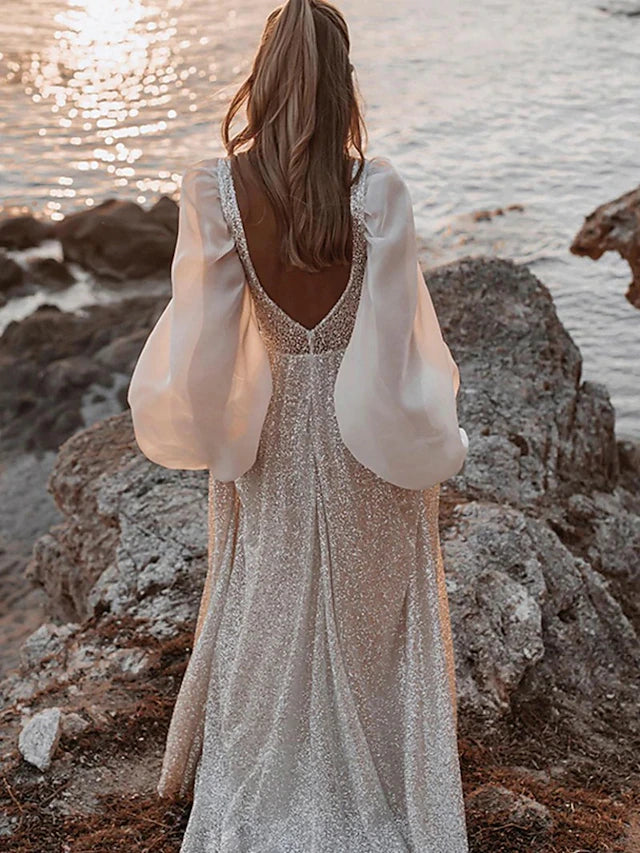 Beach Open Back Boho Wedding Dresses Sweep / Brush Train A-Line Long Sleeve V Neck Sequined