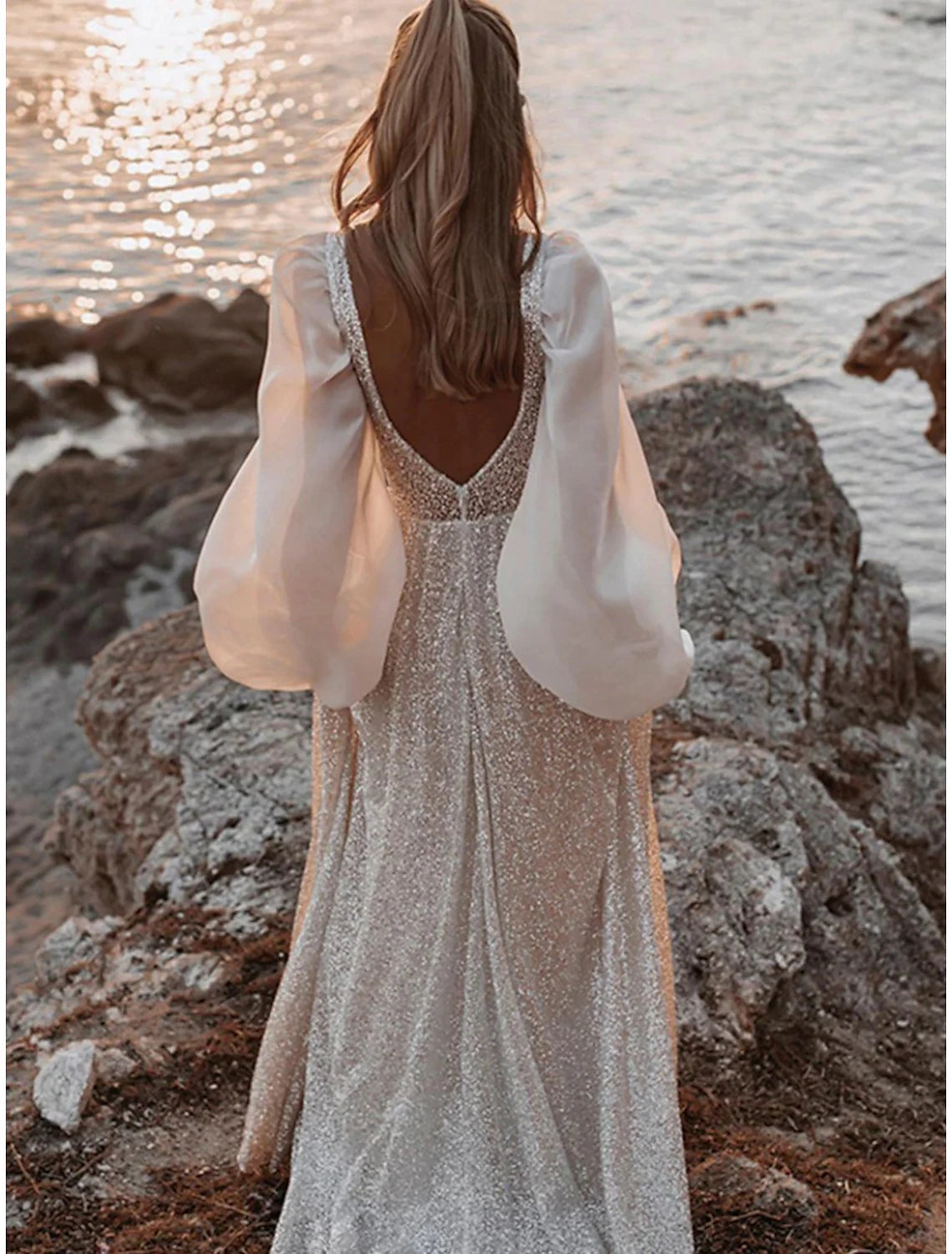 Beach Open Back Boho Wedding Dresses A-Line V Neck Long Sleeve Sweep / Brush Train Sequined Bridal Gowns