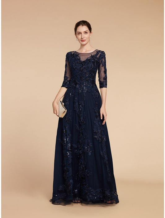 A-Line Mother of the Bride Dress Formal Wedding Guest Elegant Party Scoop Neck Floor Length Chiffon Lace 3/4 Length Sleeve with Sequin