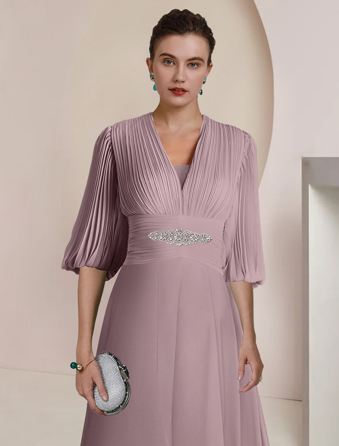 A-Line Mother of the Bride Dress Formal Wedding Guest Party Vintage Elegant V Neck Tea Length Chiffon 3/4 Length Sleeve with Pleats