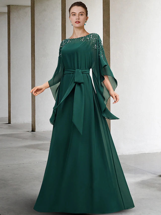 A-Line Mother of the Bride Dress Luxurious Elegant Jewel Neck Floor Length Chiffon Half Sleeve with Sash / Ribbon