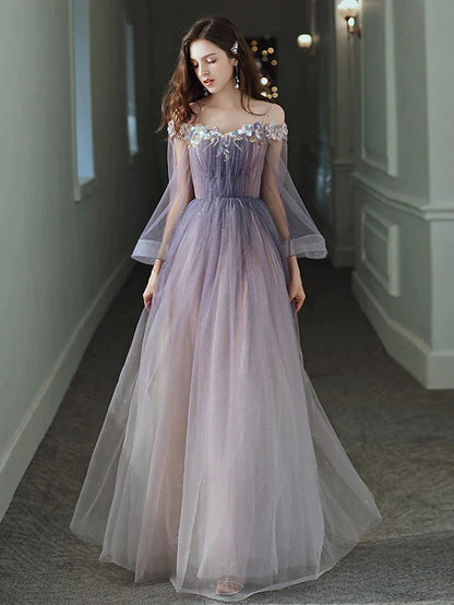 A-Line Minimalist Elegant Party Wear Prom Dress Off Shoulder Long Sleeve Floor Length Tulle