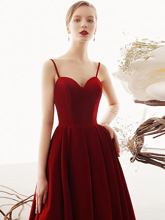 A-Line Prom Dresses Beautiful Back Dress Party Wear Ankle Length Sleeveless Spaghetti Strap Velvet with Sleek