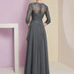 A-Line Mother of the Bride Dress Formal Luxurious Elegant V Neck Floor Length Chiffon Lace Half Sleeve with Pleats Beading