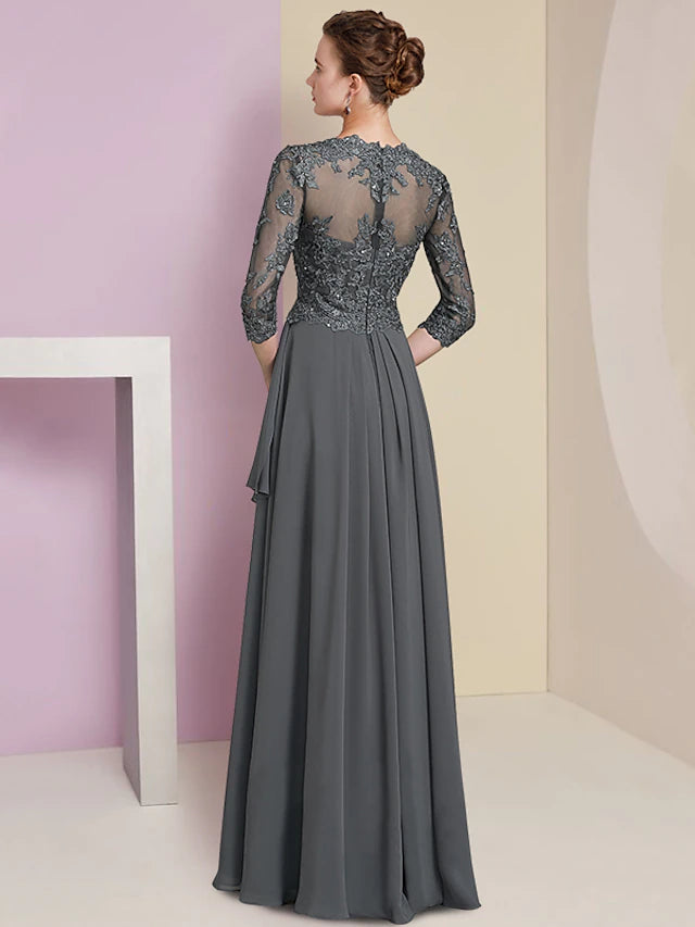 A-Line Mother of the Bride Dress Formal Luxurious Elegant V Neck Floor Length Chiffon Lace Half Sleeve with Pleats Beading