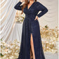 A-Line Evening Gown Plus Size Dress Formal Sweep / Brush Train Long Sleeve V Neck Polyester with Sequin