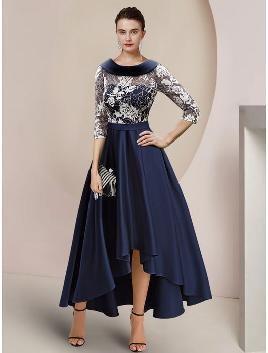 A-Line Mother of the Bride Dress Wedding Guest Elegant Scoop Neck Asymmetrical Ankle Length Satin Lace Half Sleeve