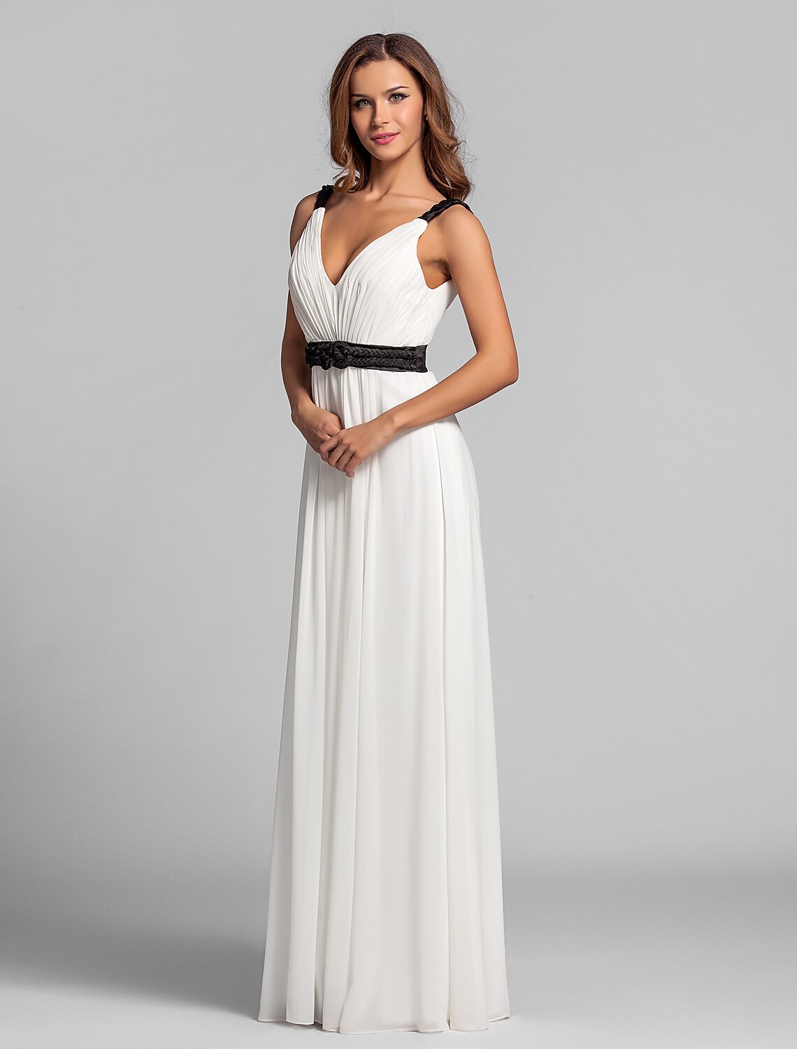 Sheath / Column V Neck Floor Length Georgette Bridesmaid Dress with Sash