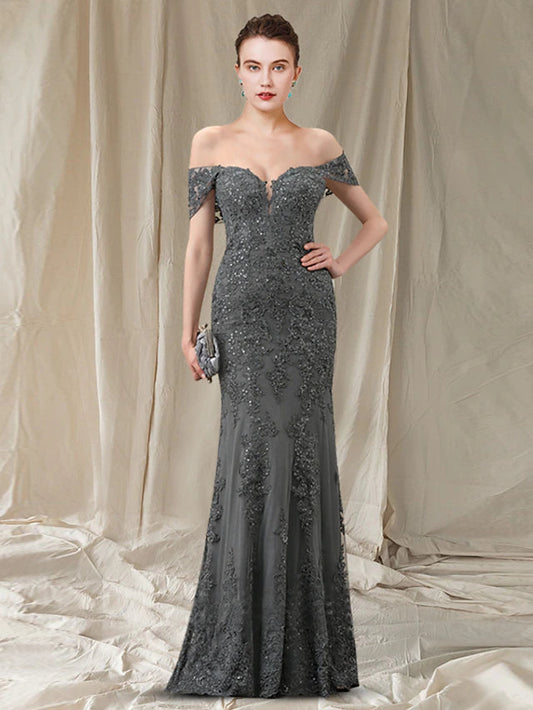 Sheath / Column Mother of the Bride Dress Elegant Off Shoulder Floor Length Lace Tulle Sequined Sleeveless with Pleats