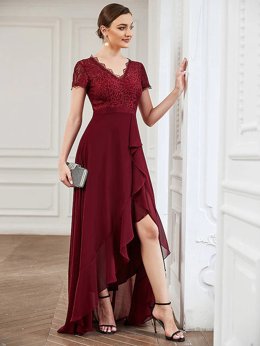 A-Line Cocktail Dresses Minimalist Dress Wedding Party Asymmetrical Short Sleeve V Neck Lace