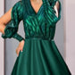 A-Line Mother of the Bride Dress Formal Wedding Guest Party Sparkle & Shine V Neck Tea Length Satin Charmeuse Half Sleeve