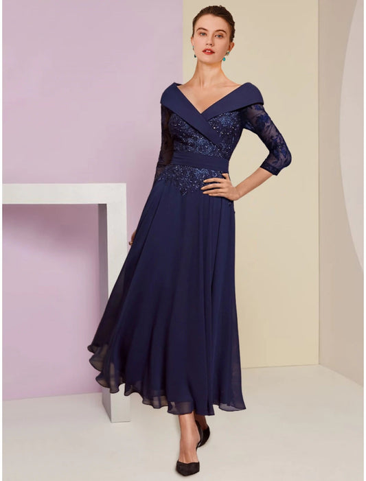 A-Line Mother of the Bride Dress Wedding Guest Elegant V Neck Ankle Length Chiffon 3/4 Length Sleeve with Lace