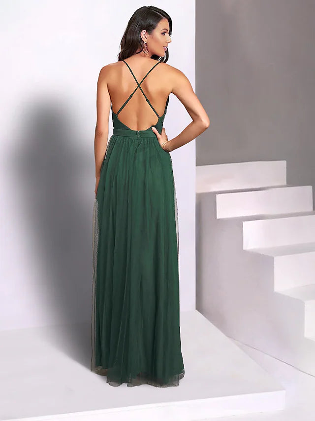 Wedding Guest Dresses Casual Dress Party Wear Floor Length Sleeveless Spaghetti Strap Tulle